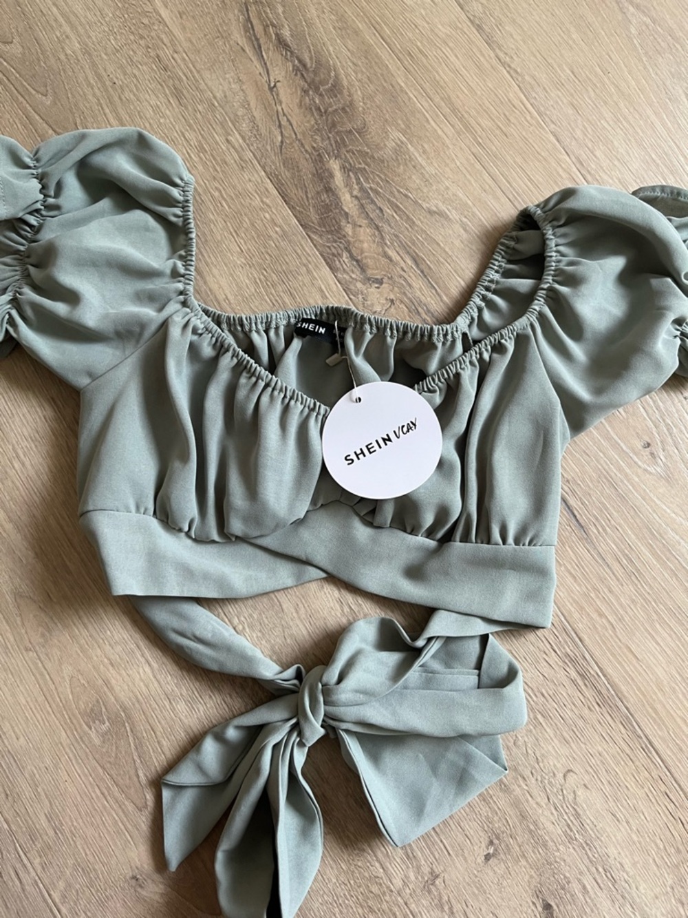 SHEIN Sage Green Puff Sleeve Tie-Back Crop Top